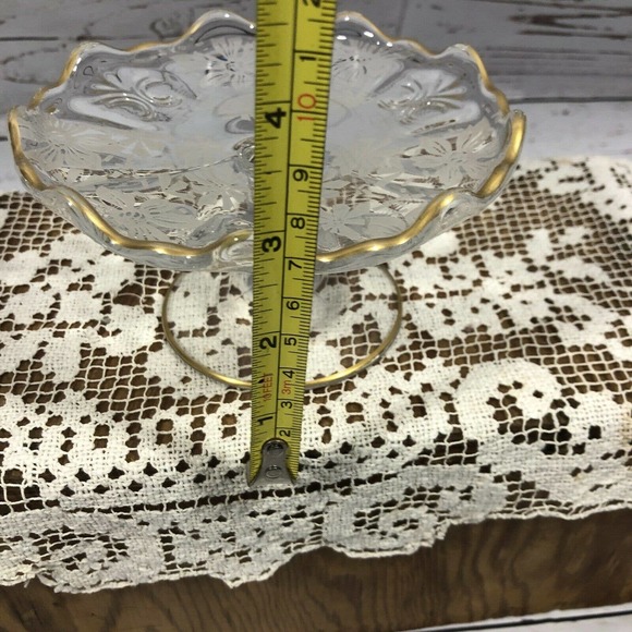 Glass Etched Pedestal Compote Dish Gold Trim - Picture 7 of 7